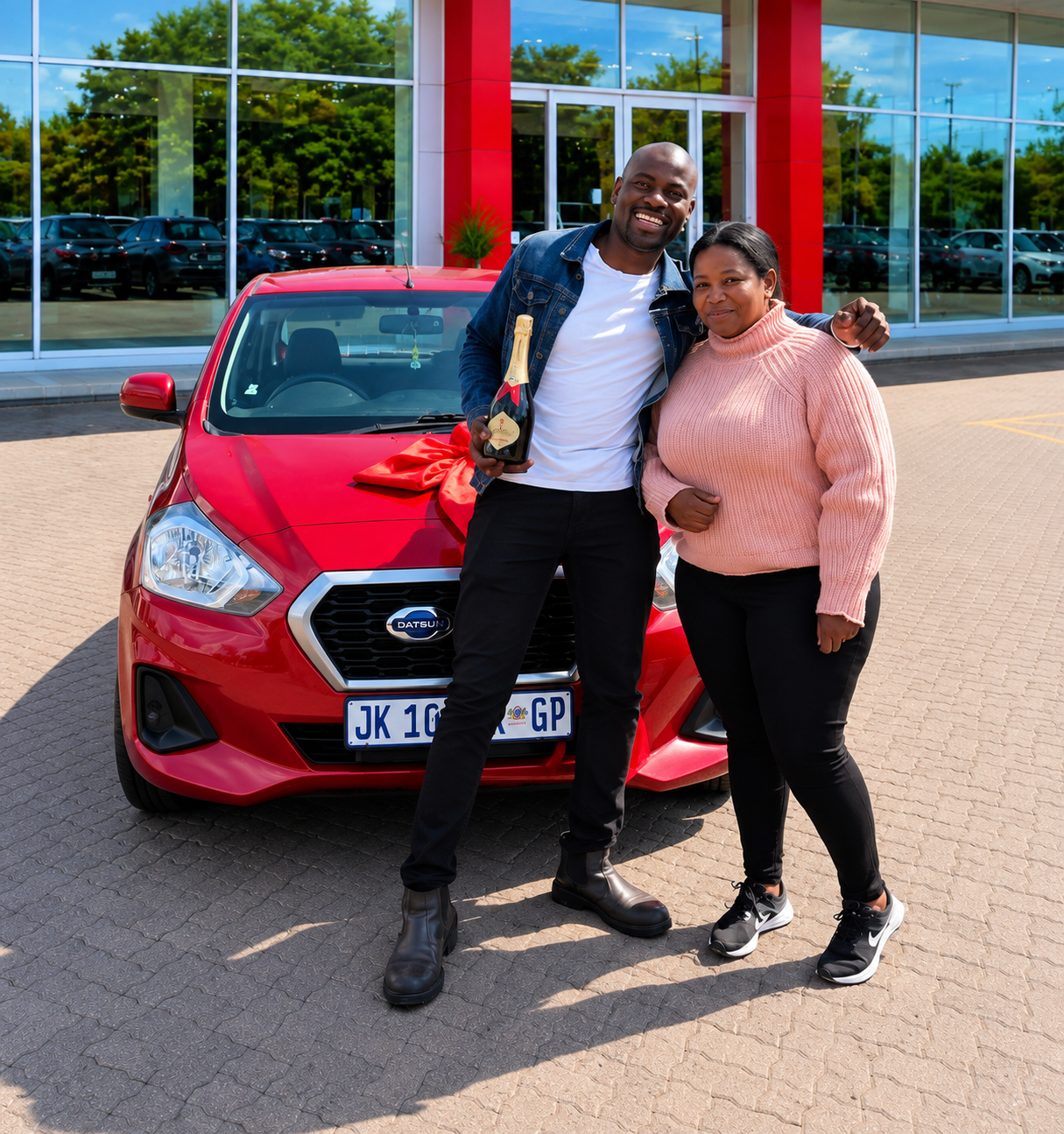 Clients celebrating the handover of their new vehicle
