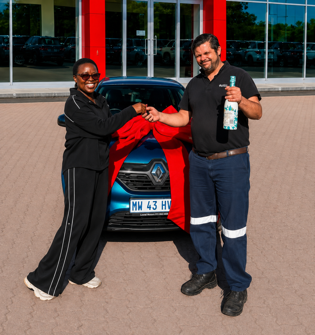 Client celebrating her new car after approval